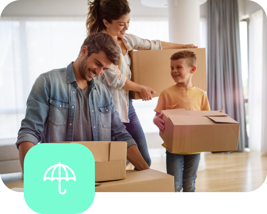 LifeInsurance_Image Family of 3 holing boxes and smiling