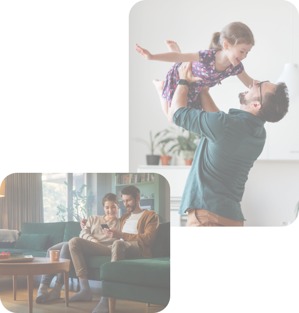 hero-right 2 images - first of man lifting daughter in the air and the 2nd a couple sat down looking at phone